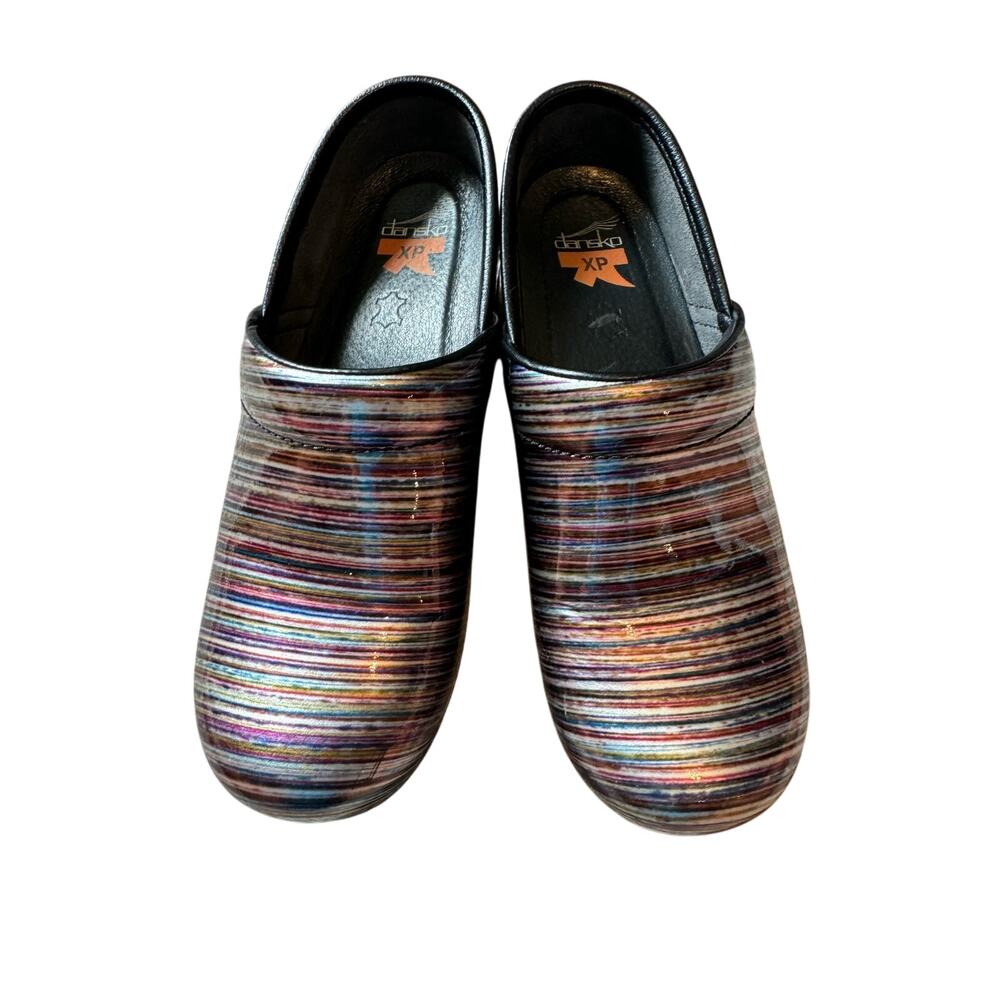 Dansko Pro XP Striped Patent Clogs Shoes Womens 37 US 7 Grey Multi Rainbow